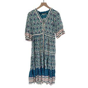 FP To Love MEDIUM Boho Gypsy Floral Split Half Sleeve Tiered Button-Down Maxi Dr